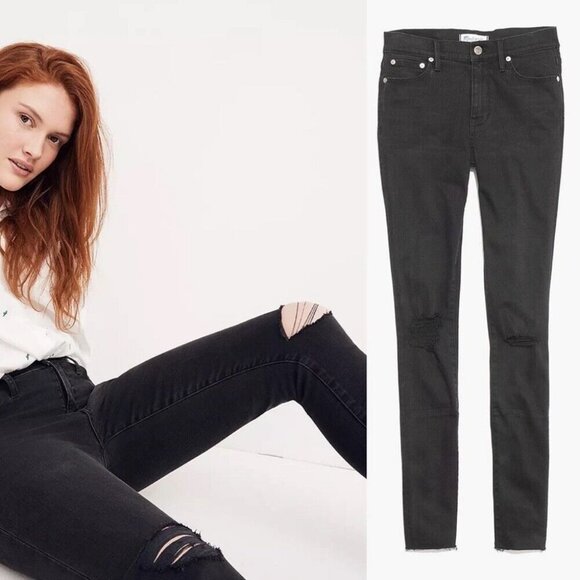 Madewell Mid Rise Skinny Jeans Black Sea Size 26 Petite Distressed Ripped Denim - Picture 2 of 12